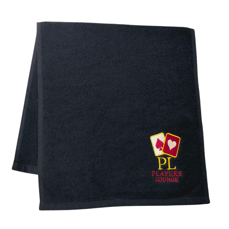 Players Lounge heavyweight black cotton hand towel with embroidered PL monogram