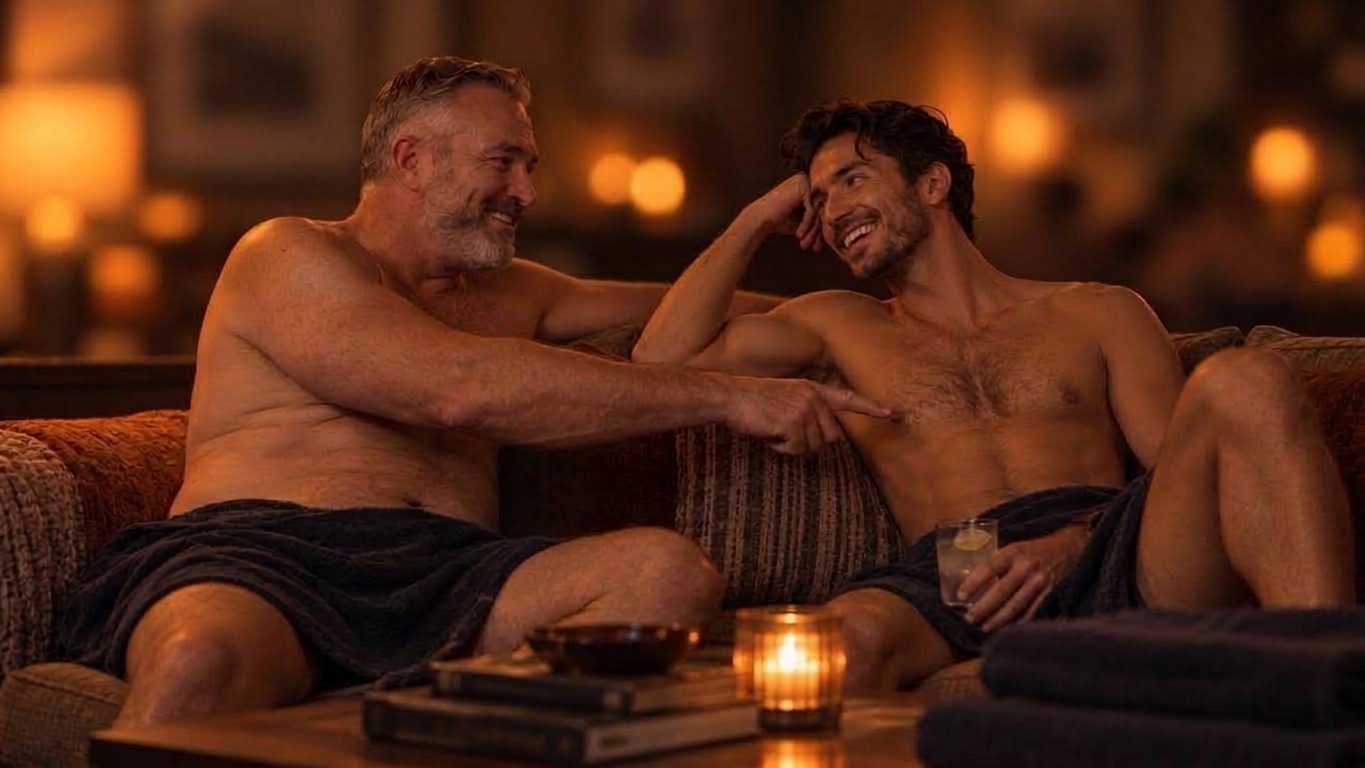Two men in friendly conversation over drinks at a warmly lit lounge bar