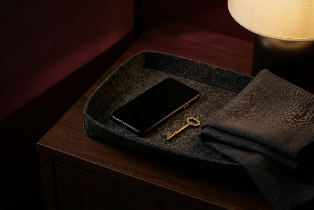 A phone placed face-down in a felt tray beside a brass key in warm lamplight